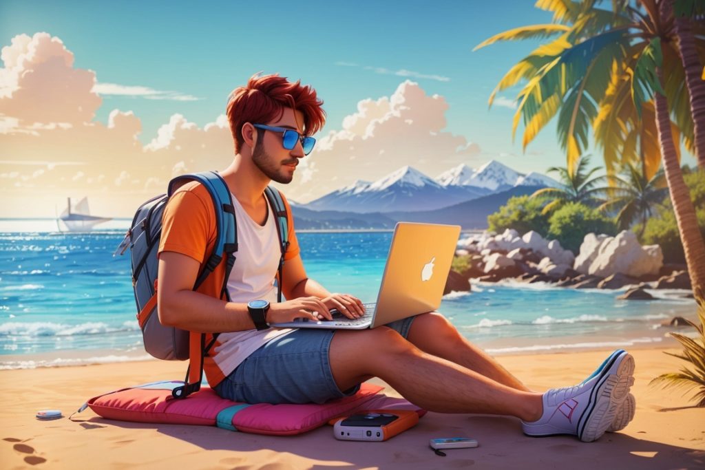 entrepreneur on beach laptop